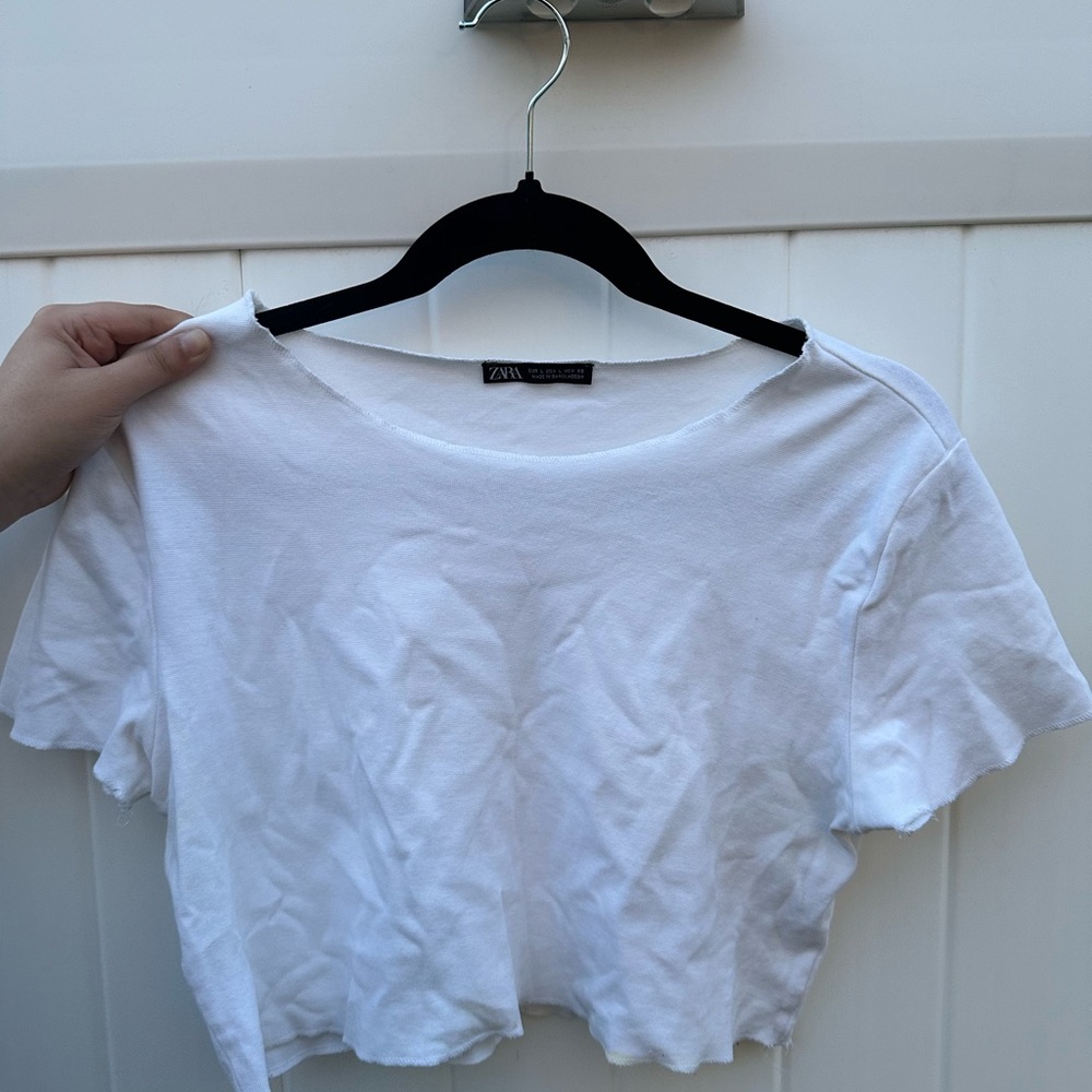 Zara White Cropped Crewneck Tee